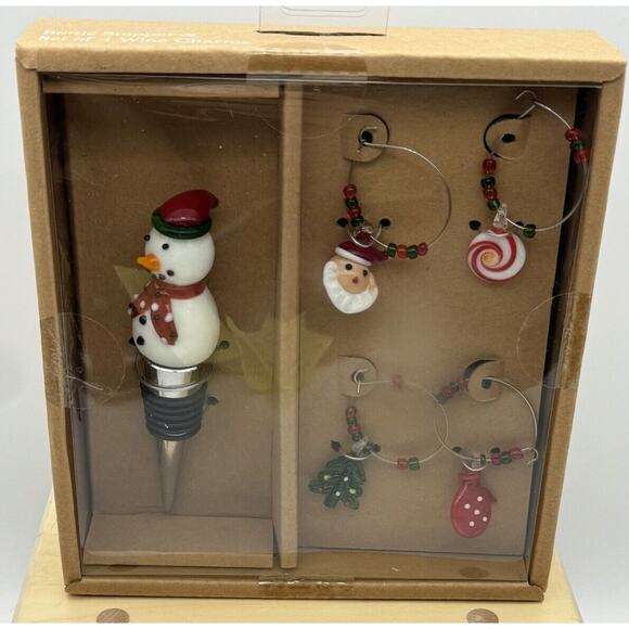 Christmas Snowman Bottle Stopper & 4 Wine Charms Christmas Tree Santa Claus NEW - Picture 1 of 7